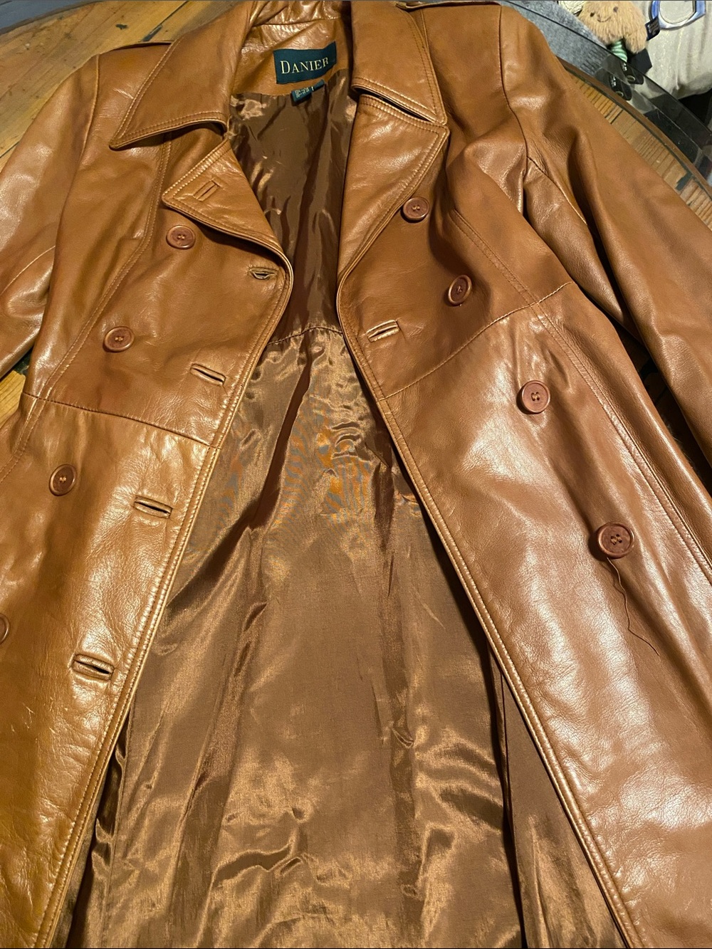 Danier Women's Brown Leather Double-Breasted Trench Coat